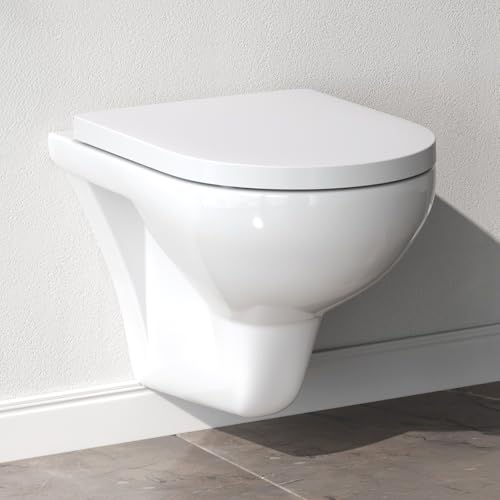 AM.PM HIT – Wand WC spülrandlos | Hänge WC mit Toilettendeckel mit Absenkautomatik | Duroplast Sitz | Kompatibel mit Vorwandelement | Modernes Gäste WC Set | Kloschüssel hängend | Toilette weiß 50 cm