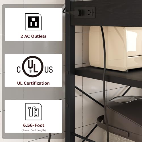 GarveeHome Microwave Stand Bakers Rack with Power Outlet, Kitchen Baker Rack with Wire Basket, 6-Tier Large Freestanding Utility Storage Shelf for Kitchen Dining Living Room, Rustic Black