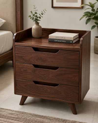 Image of Sheesham Wood Bedside Table with 3 Drawers | Solid Wood Nightstand Furniture for Bedroom | Storage Unit for Home Organization | Modern End Stand for Living Room & Guest Room | Walnut Finish