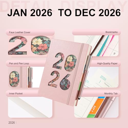 2026 Diary A5 Page a Day,Diary 2026 Day Per Page,Academic Diaries a5 from Jan 2026 to Dec 2026 Daily Planner,Hardcover Organizer with Pen,Monthly Tabs, Inner Pocket,Stickers (Pink)