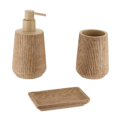 Tendance - Set Gobelet Distributeur à Savon et Porte Savon Polyrésine Effet Bois - Naturel -...