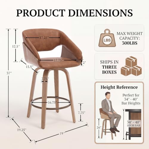 Image of 26 inch Swivel Bar Stools Set of 5, Brown Faux Leather Counter Height Barstools | 360 Swivel Bar Height Stools, Barrel Backrest, Solid Wood Frame, Round Footrest, Counter Stools for Kitchen Island, Home Bar