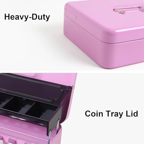 Jssmst Locking Metal Cash Box with Coin Lid, 11.8L x 9.5W x 3.5H Inches, Safe Money Box with Key Lock, Light Purple, SM-CB0517LP - Thumbnail 4