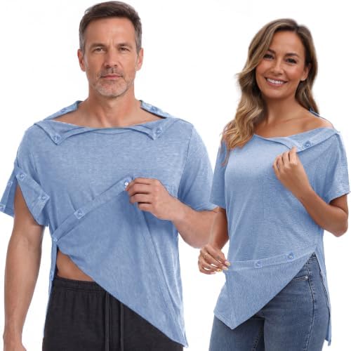 Post Shoulder Surgery Shirt & Clothing for Women & Men with Magnetic Button Tear Away Recovery Top Rotator Cuff Surgery Tee Blue M