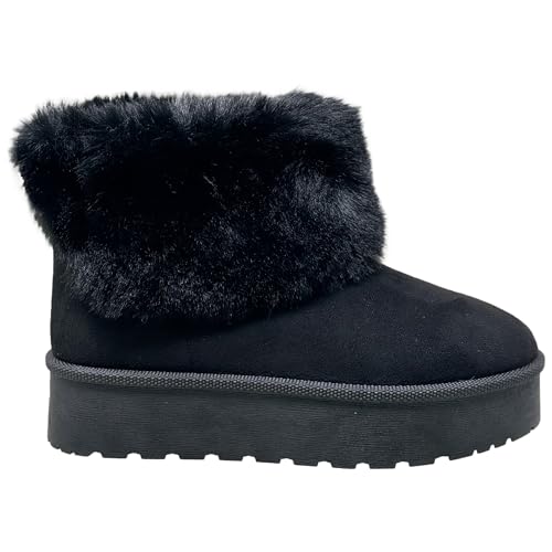 SOBEYO Women's Platform Booties Suede Fur Lining Pull On Cuff Ankle Boots