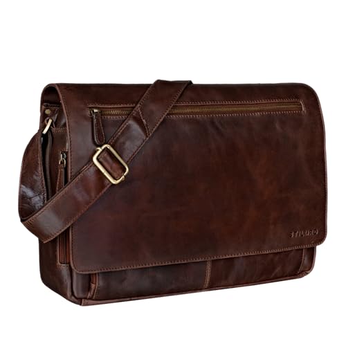 Sacoche ordinateur 15,6 pouces STILORD Jan, grand sac bandoulière marron en cuir véritable