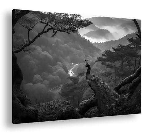 Tableau sur toile paon haut de gamme effet noir et blanc 90 x 60 cm