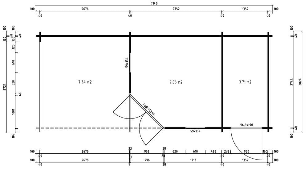Alpholz 5-Eck Gartenhaus Liwa mit Anbau aus Holz in Naturbelassen mit 28mm Wandstärke und Überdachter Terrasse