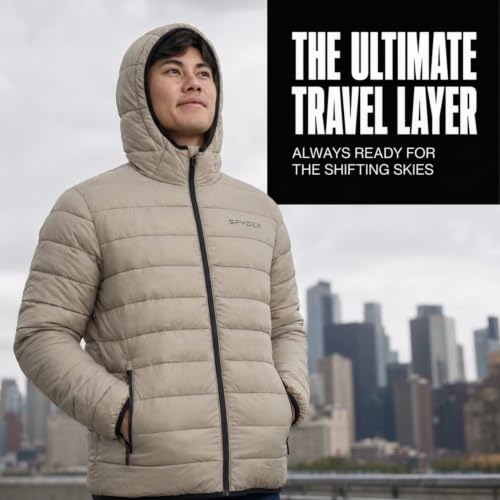 Image of Spyder Puffer Jacket Men - Packable Lightweight Quilted Hooded Winter Coat | Soft-touch insulation, packs into inner zip pocket, reversed coil zipper, zippered hand pockets
