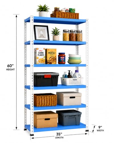Image of Multipurpose 6 Tier Metal Rack Heavy Powder Coated, Kitchen Shelves for Storage, Metal Shelving Unit Storage Utility fro Home Decor 35Lx9Wx60H Inch (White Blue)