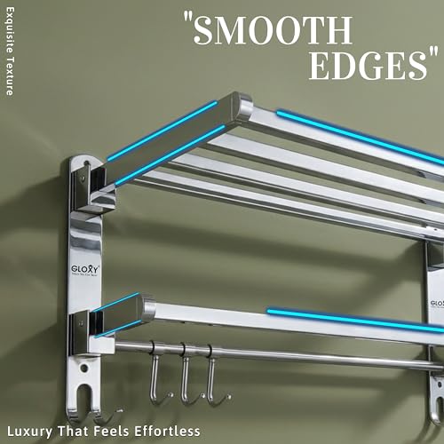 Image of GLOXY Premium 18 Inch Towel Rack for Bathroom - Chrome Finish Stainless Steel Folding Towel Hanger with Shelf - Wall Mounted Home Decor Towel Holder Rack Shelf Bathroom Fittings Accessories Set