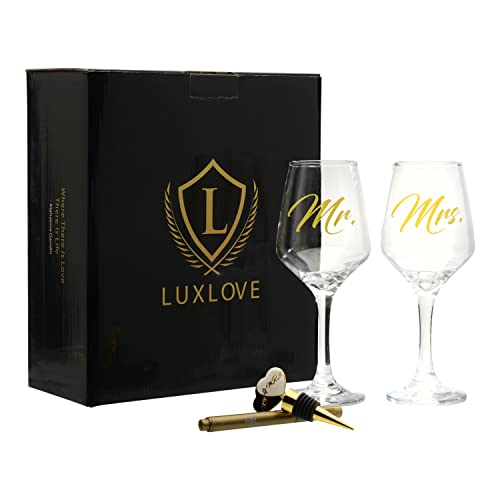 🔥 LUXLOVE Mr & Mrs Wine Glasses Set for Couples  Best Engagement Gifts for Her, Bridal Shower Gifts For Bride, Wedding Gifts For The Couple