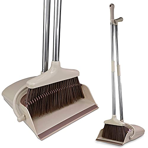 Image of Broom and Dustpan Set with Long Handle | Floor Cleaning Broom with Dust Pan Combo | Standing Dustpan with Lid | Heavy Duty Soft Bristle Floor Sweeper | Home Kitchen Office Cleaning Tools Set