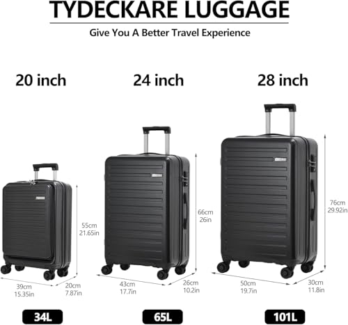 Image of 3Pcs (20 /24 /28) Luggage Set, Lightweight HardShell Suitcase with Wheels | Only 20 inch with Front Pocket 21.65*15.35*7.87 inch Fits Overhead Cabin, 24 inch 28 inch Checked Luggage,YKK Zipper,TSA Lock,Black