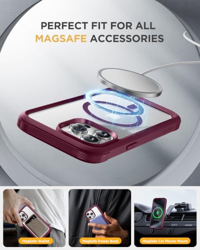Image of Miracase for iPhone 15 Pro Max Case with 360 Magnetic Ring Stand [Compatible with Magsafe] Full-Body Drop Proof Bumper Phone Case with Built-in 9H Tempered Glass Screen Protector,Wine Red