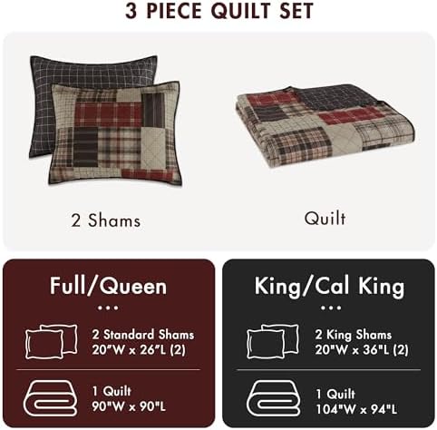 Madison Park King Quilt Set Patchwork Farmhouse, Diamond Quilting Reversible Coverlet Set for King Size Bed, Plush Cotton Filled Quilt Set King Size, Shams King/Cal King Red/Black 3 Piece - 4