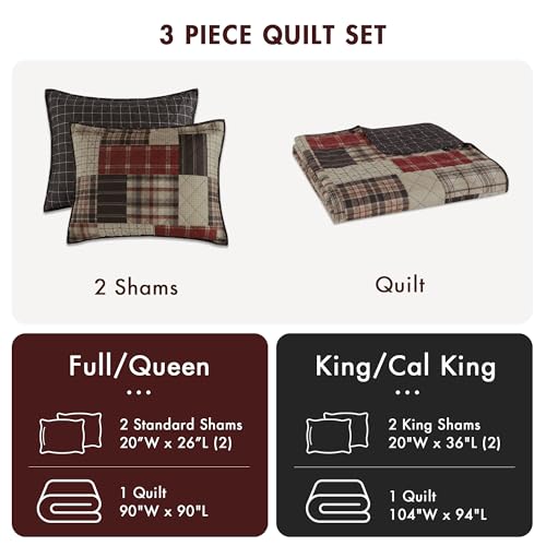 Image of Madison Park Queen Quilt Set Patchwork Farmhouse, Diamond Quilting Reversible Coverlet Set for Queen Size Bed, Plush Cotton Filled Quilt Set Queen Size, Shams Full /Queen Red /Black 3 Piece