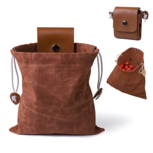 Brown Foraging Bag Outdoor Picking Fruit Bags Waxed Canvas Foraging Pouch Foldable Leather Belt Pouch With Drawstring Multi-Purpose Picking Bag for Camping Shells Treasures Travel Hiking Tools
