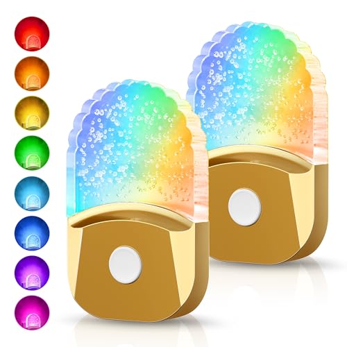 Image of DORESshop 8-Color RGB LED Night Lights Plug Into Wall [2 Pack], Color Changing Night Light with Dusk to Dawn Sensor for Bathroom Decor, Children Room, Golden Cover