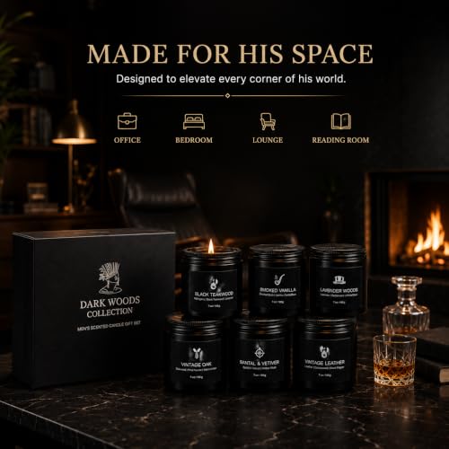 Image of Scented Candles for Men, 6 Masculine Scents Set, 42oz Total | 200H-250H Burn Time, Woody Manly Gift Set, Smoked Vanilla, Black Teakwood Santal & Vetiver for Him