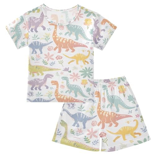 ALAZA Rainbow Flower Dinosaur Pajamas Set Short Sleeve Cotton Sleepwear Summer Pjs 2 Piece 5-14Y