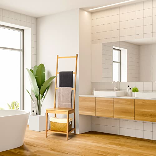 Hynawin Bamboo Bath Towel Rack, Multifunctional Bathroom Floor Shelf, Floor Storage Rack, Chair With Towel Rack, For Bathrooms And Bedrooms #TOP1