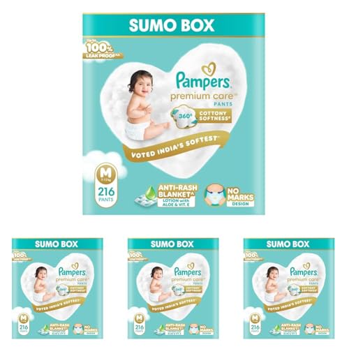 Image of Pampers Premium Care Pant Style Baby Diapers M 216 Count | No Marks Design | Voted India's #1 Softest Diaper | All in 1 diaper with 360 Cottony Softness (Pack of 4)