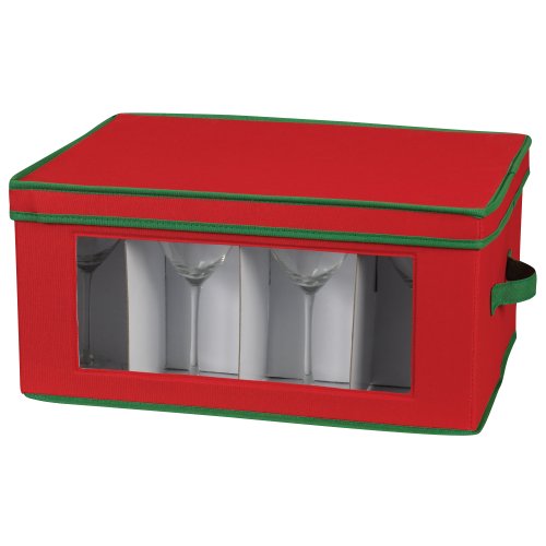 Household Essentials 540Red Holiday China Storage Chest With Lid And Handles, Cocktail Glasses And Red Canvas With Green Trim, 1 Count (Pack Of 1), Red & Green #TOP4