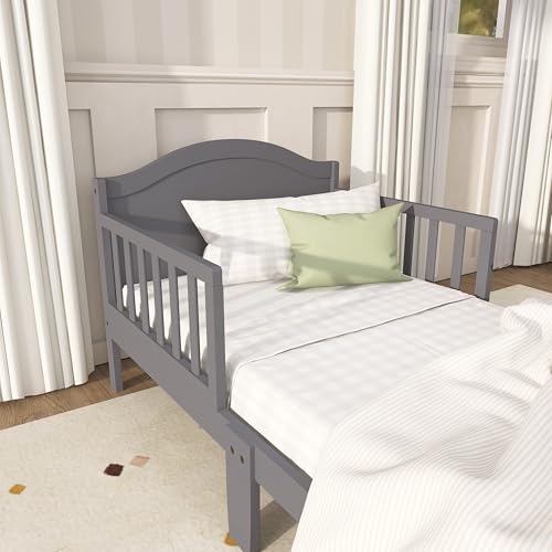 Image of Dream On Me Sydney Toddler Bed in Steel Grey, Greenguard Gold Certified | Solid Arched Panel, Low to Floor Bed, 2 Safety Guard Rails, Sturdy Wooden Frame, 50 Lb Limit, BSA Verified