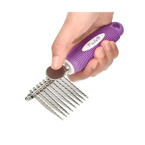 Poodle pet dematting fur rake comb brush tool - dog and cat comb with long 2. 5 inches steel safety blades for detangling matted or knotted undercoat hair