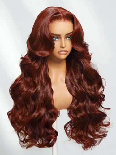 Image of Beauty Forever Reddish Brown Lace Front Wig Human Hair 7x5 Body Wave Bye Bye Slip Glueless Wigs with Elastic Drawstring,Pre Plucked,Bleached Knots,Natural Hairline,150% Density 24inch