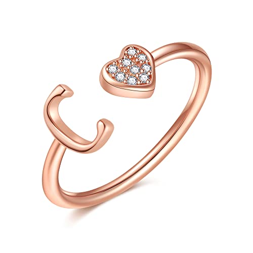 Image of Initial Rings for Teen Girls - S925 Heart Sterling Silver Rings for Teen Girls | 14K Gold /Rose Gold /Sterling Silver Plated Ring for Girls Kids Women Ring for Teenager Girls Gifts Adjustable, No Tarnish, Hypoallergenic