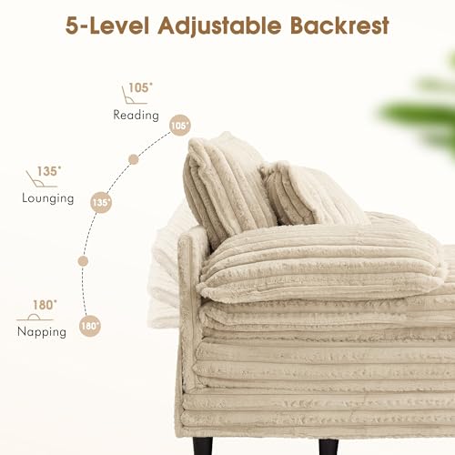 Image of WESTSETLUX 54.8 inch W Oversized Chaise Lounge Chair Indoor with 5-Position Adjustable Backrest, Plush Sleeper Sofa Bed with Pillows, Upholstered Cloud Couch Chair for Living Room, Study Room, Khaki