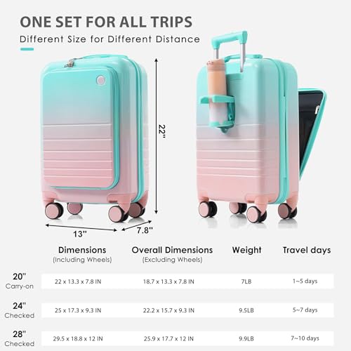 Hard Shell Luggage Sets 3 Piece with Charger USB Port, Smart Luggage with Cup Holder and Spinner Wheels, Carry on Suitcase for Women Men Travel, Lightweight, 20/24/28 Inch (Light Blue)2