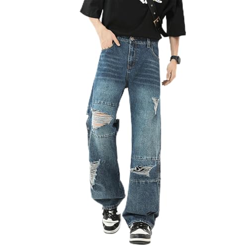 Men’s Ripped Patchwork Jeans Baggy Straight Leg Denim Pants Horizontal Distressed Panels Washed Vintage Look
