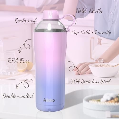 Image of Insulated Water Bottle for Women, 24 oz Stainless Steel Water Bottles, Double Walled, 2 Lids (Chug & Tumbler) - Hydrate & Caffeinate,Available Gift Wrapping
