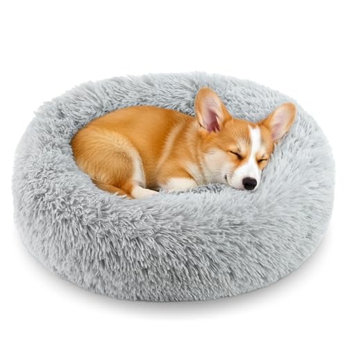 Calming Anti-Anxiety Donuts Dog And Cat Bed, Round Fluffy Soft Washable Small Medium Pet Bed For Puppy And Kitten, Cuddler Warming Comfortable Cushion, Luxury Anti-Slip Waterproof Mute Base 20in Gray