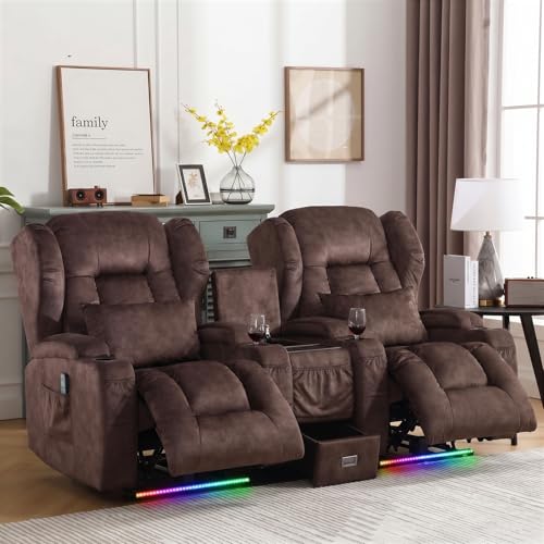 Image of DRMBOOK Power Recliner Chair, Electric Wall Hugger Reclining Sofa with Massage & Heat, Overstuffed Theater Seating with LED /USB Port /Cup Holders for Living Room (Velvet Brown, 1 Chair)