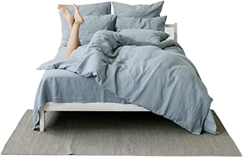 My Linen Home Ropa de cama de lino puro 100% Lavado a la piedra Gris azulado, Individual Incluye 1 Funda Nórdica 135x200 cm y 1 Funda Almohada 40x80 cm I Hipoalergénicas, Reguladoras de la Temperatura