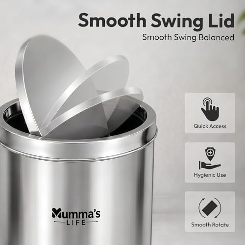 Image of Mumma's LIFE 20L Dustbin for Home | Stainless Steel Swing Dustbin with Lid | Trash Can for Kitchen, Bathroom, Washroom, Bedroom & Office (10x14 Inch)
