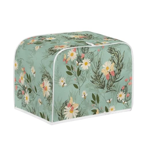 Image of Toaster Dust Cover 2 Slice, Microwave Toaster Oven Grill Stain Resistant Dustproof Kitchen Small Appliance Cover with Top Handle, Daisy Bee Leaf Blue