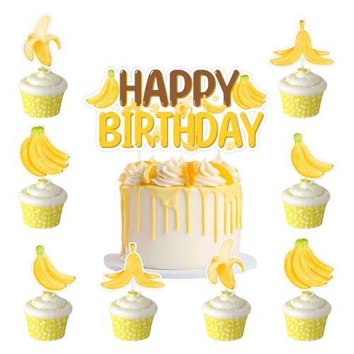 Decoración de pastel de cumpleaños de plátano, 13 piezas de plátano, palillos para cupcakes, decoración de tartas de fiesta de plátano, decoración de pastel de frutas tropicales para niños,