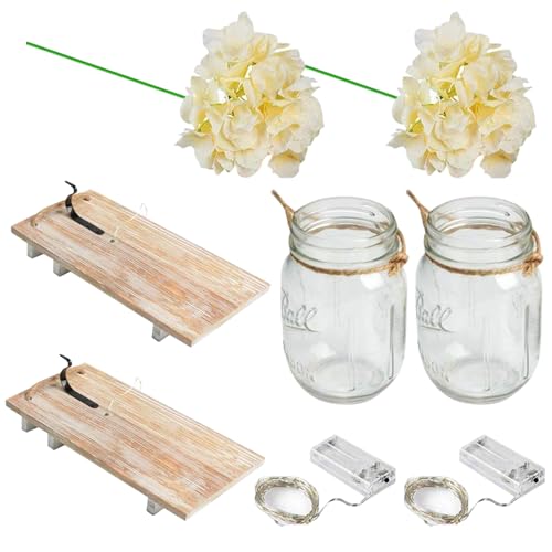 Image of Wall Sconce Decor 2pcs, Mason Jar Wall Sconce Farmhouse Home Decor with 6.5FT LED Fairy Lights Flowers, Modern Art Living Room Bedroom Bathroom Decorative Hanging Yellow