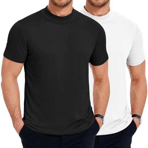 COOFANDY 2er Pack Herren T-Shirt mit Halb Kragen Kurzarm Shirts Slim Fit Kurzarmshirt Sommer Tee Shirts Casual Männer Rundhals T-Shirt Stehkragen Shirt Weiß/Schwarz M