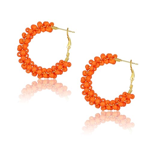 Clowich Colorful Fun Beaded Earrings for WomenBoho Flower Hoop EarringsExquisite Handmade Beaded Earrings (Orange)