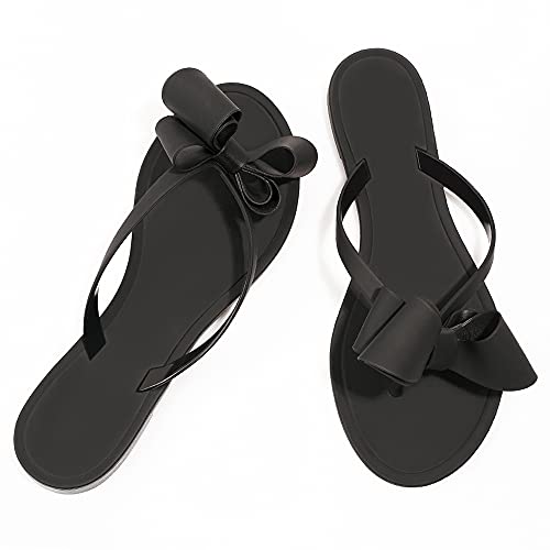 Image of TYFLOVE Women Rivet Flip Flops Studded Jelly Thong Sandals with Bow Summer Bowtie Flat Beach Rain Shoes