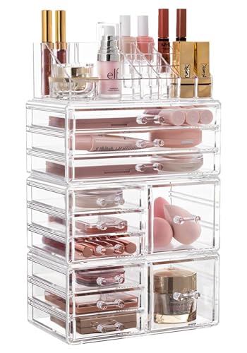HBlife Acrylic Clear Dustproof Makeup Storage Organizer Drawers Large Skin Care Cosmetic Display Cases for Bathroom Stackable Storage Box with 11 Drawers for Vanity (Clear)