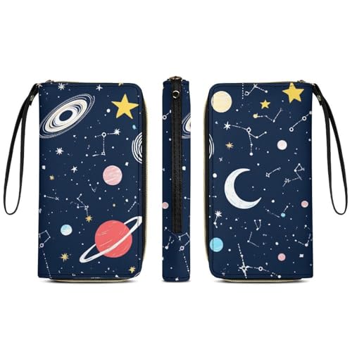 PU Leather Wallet for Women, Travel Credit Card Holder Space Galaxy Constellation Zodiac Starry Night Stars Zipper Long Purse Waterproof Wallet with Wrist strap
