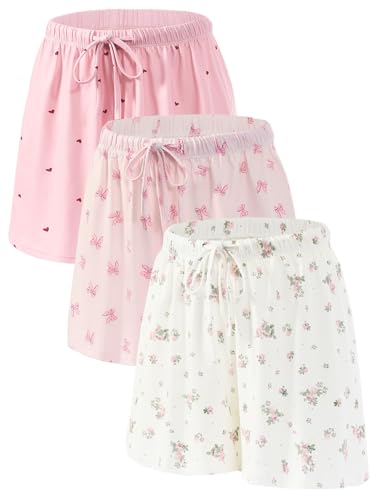 Orrfreer 3 Pack Womens Pyjama Shorts Soft Lightweight Silky Lounge Shorts for Ladies Sleep Pyjama Bottoms Pink/White/Heart L
