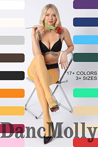 Image of DancMolly Silky Thigh High Stockings, with 17+ Colors Sheer Silicone Lace Top Pantyhose for Women